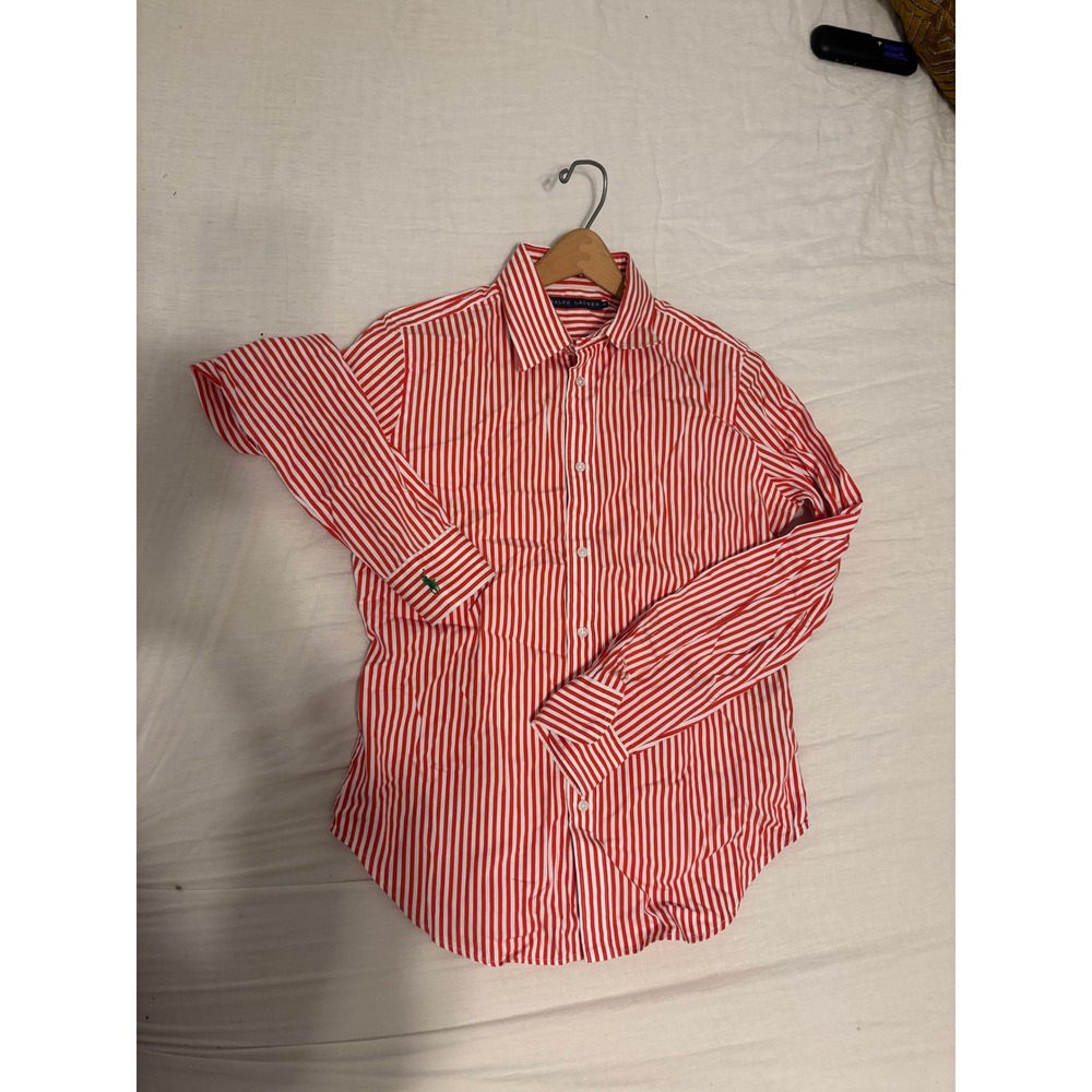 Ralph Lauren Women's Red White Striped Button Down Shirt Logo Size 10